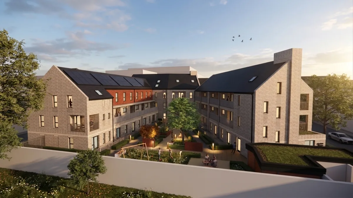 A computer-generated view of the proposed Stanton House courtyard, from the planning application. The three blocks face the neighbouring church